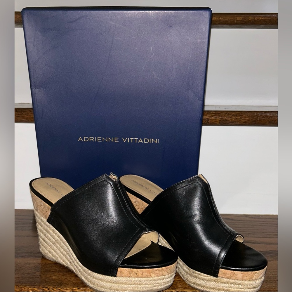 Adrienne Vittadini Black and Tan Wedge Mules, Size 7.5